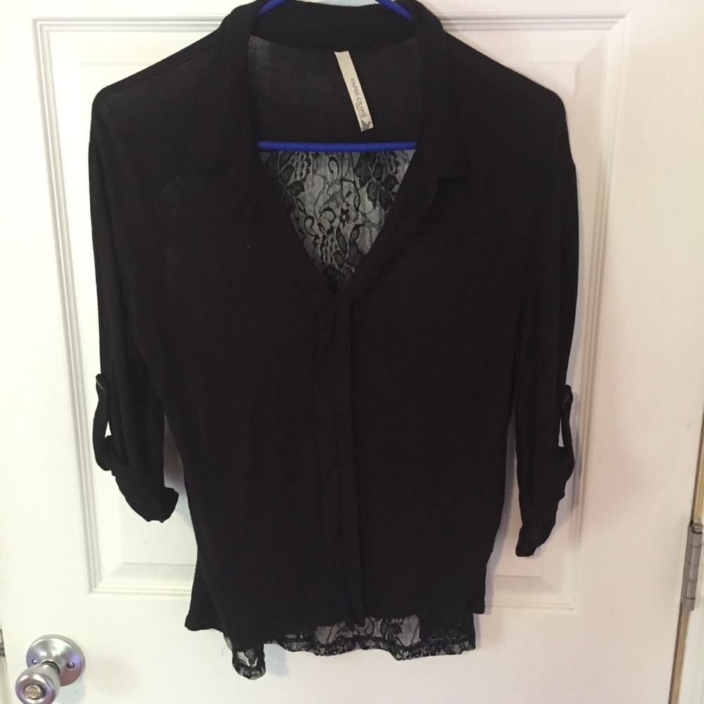 Paper Crane Lace Back Black Collared Top - Size S